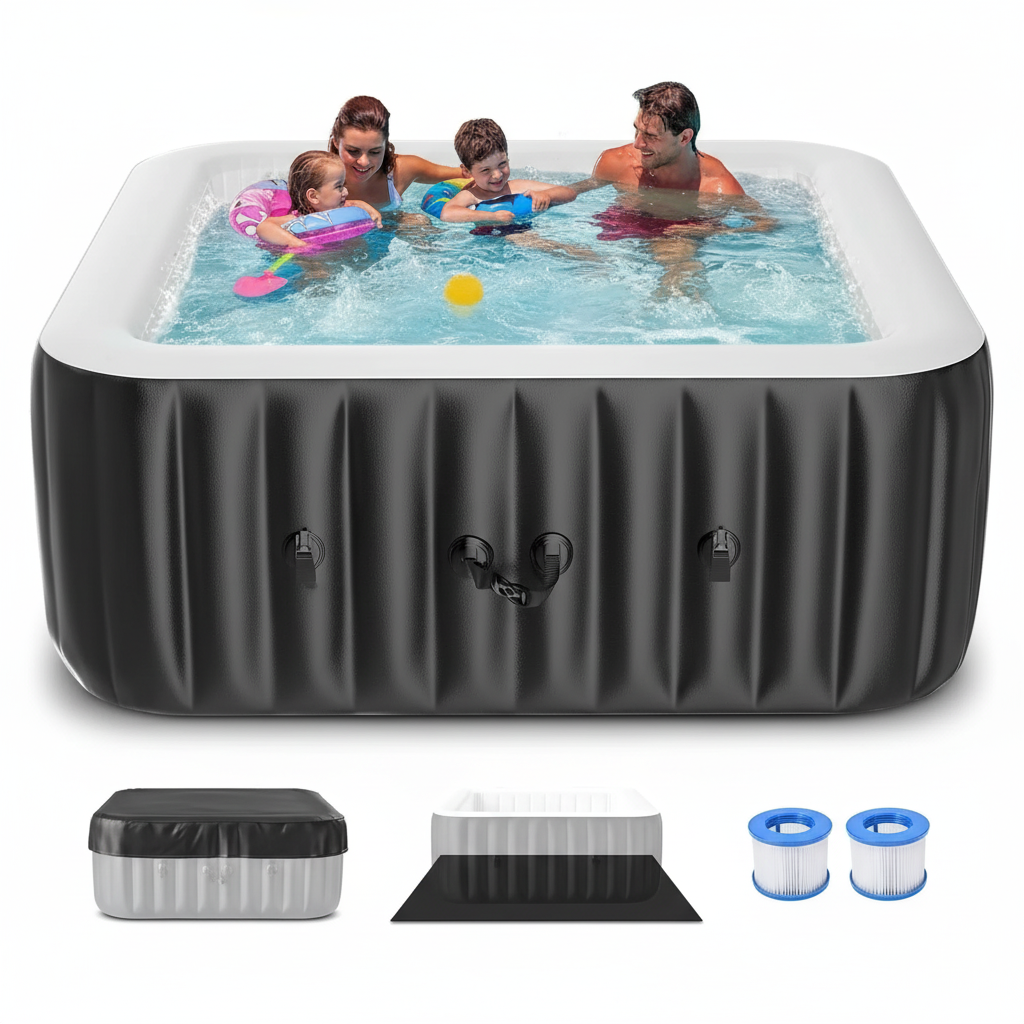 6-Person Square Inflatable Hot Tub Spa with 130 Jets by FICISOG