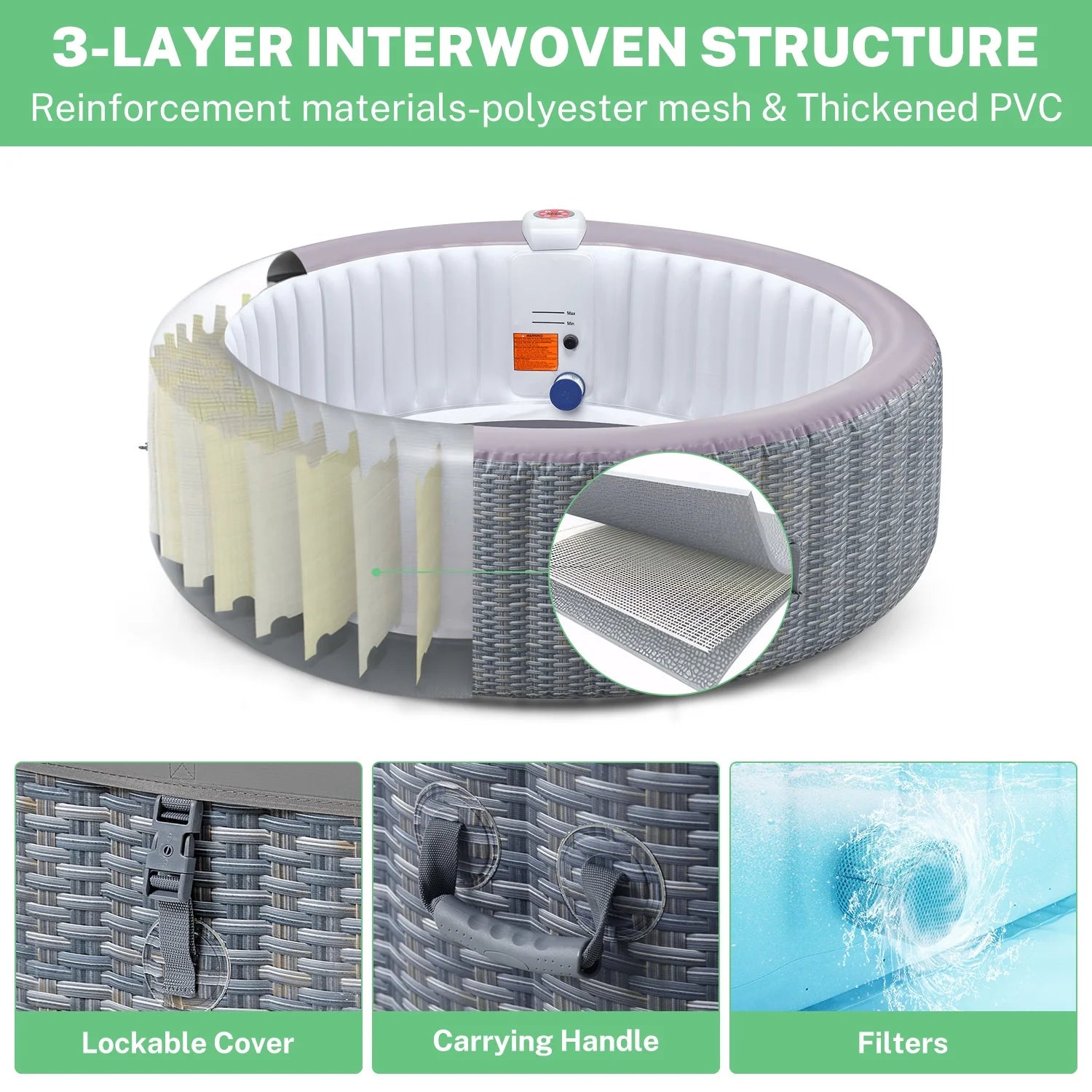 82'' Inflatable Hot Tub, Portable Hot Tub for Home Spa, Outdoor round Hot Tub W/130Pcs Jets, 6 Person Inflatable Pool with Heating, 4 Filters, 2 Cup Holders